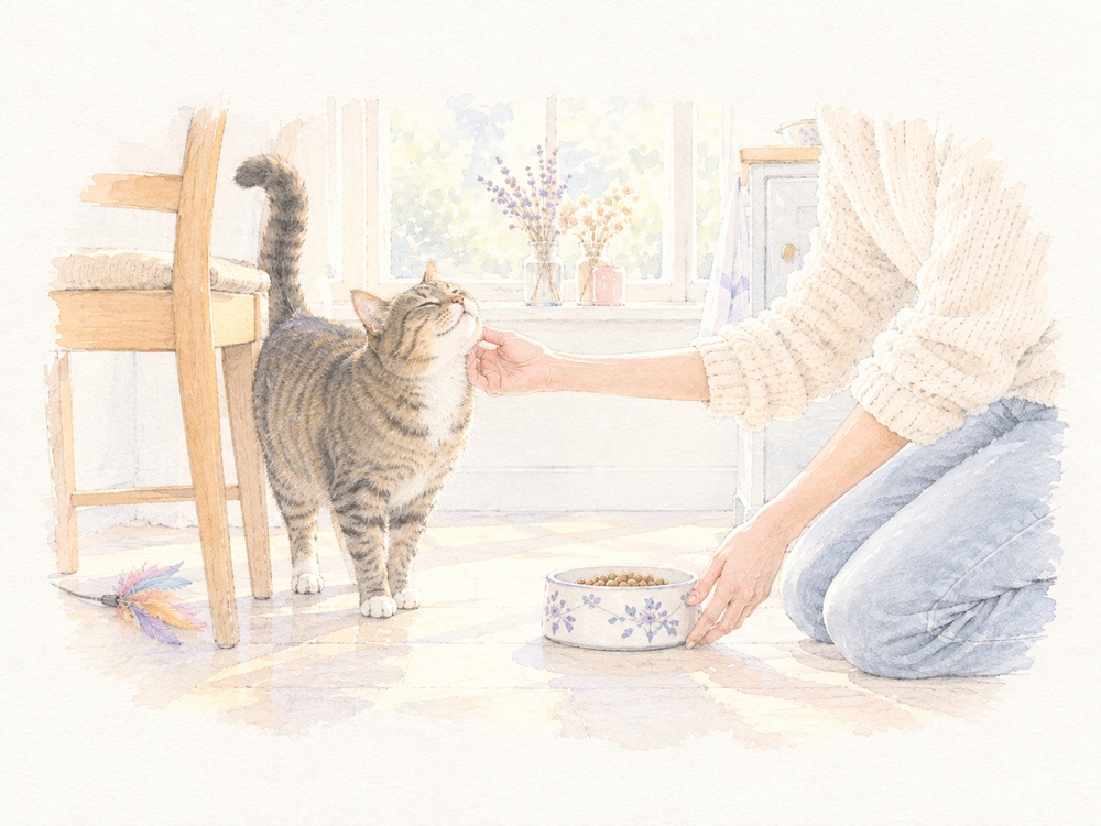 Aquarelle : dans une cuisine lumineuse, une main gratouille le menton d'un chat tigré près d'une chaise, l'autre pose sa gamelle.